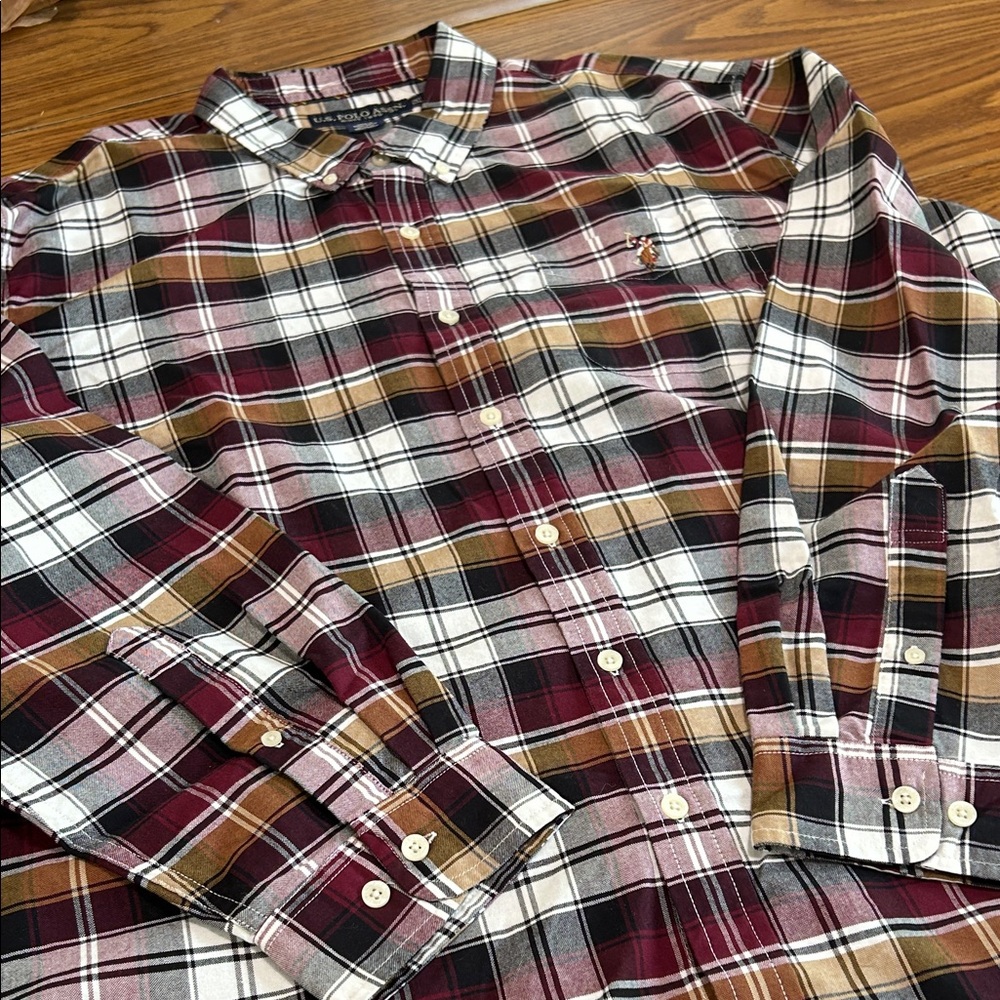 NWT U.S. Polo Assn. Men’s Plaid Button-Down Shirt - Burgundy, White & Brown